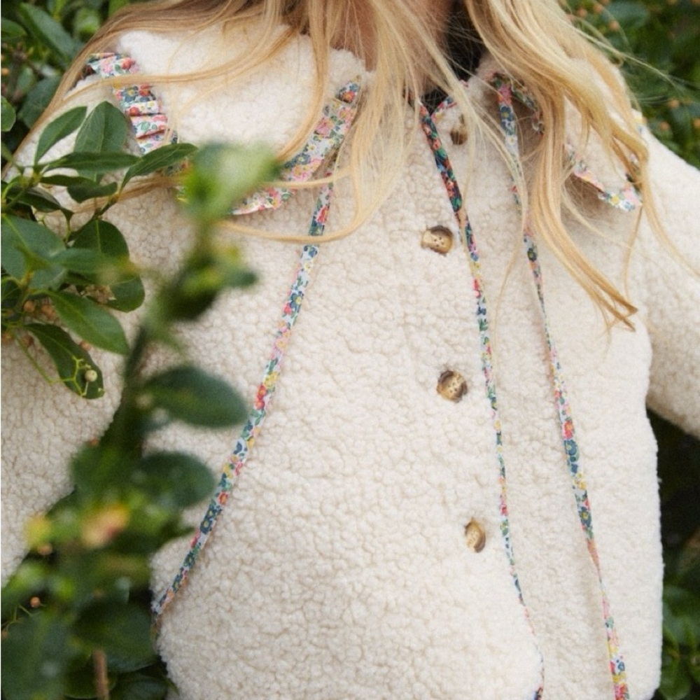 Mabel Floral Trim Cream Sherpa Jacket